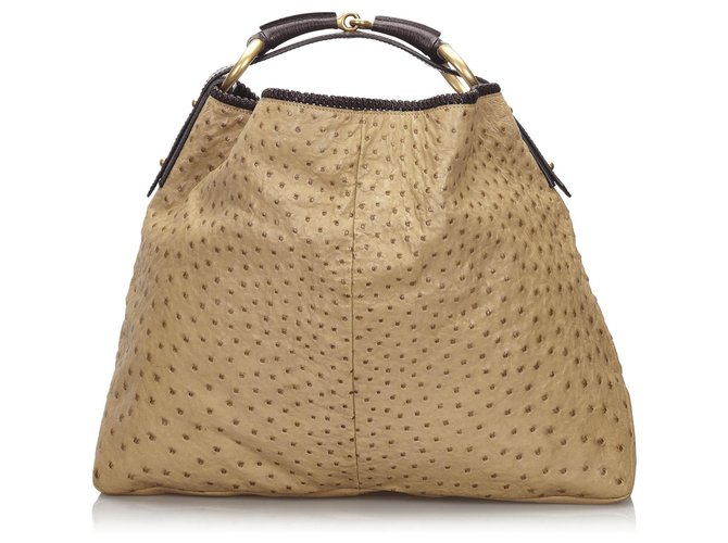 Gucci Brown Horsebit Ostrich Leather Large Hobo Beige Dark brown Exotic leather  ref.149301