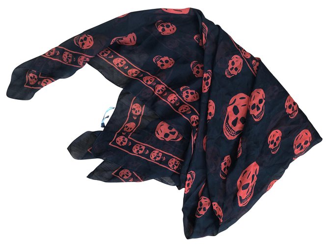 Alexander Mcqueen Silk skull classic scarf Black Orange  ref.149356