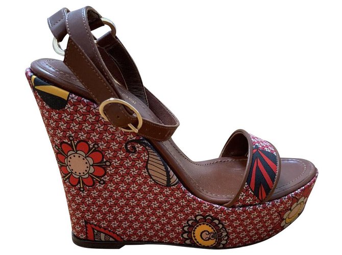 Sergio Rossi Leather and silk wedges Brown  ref.149512