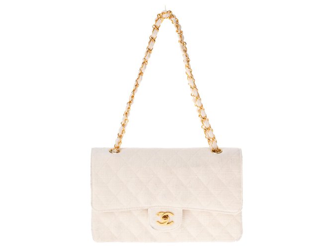 Timeless Chanel Mademoiselle Handtasche aus gestepptem weißem Leinen, goldene Hardware! Leder  ref.149598
