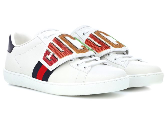 GUCCI Ace embellished leather sneakerS Cuir Blanc  ref.149691