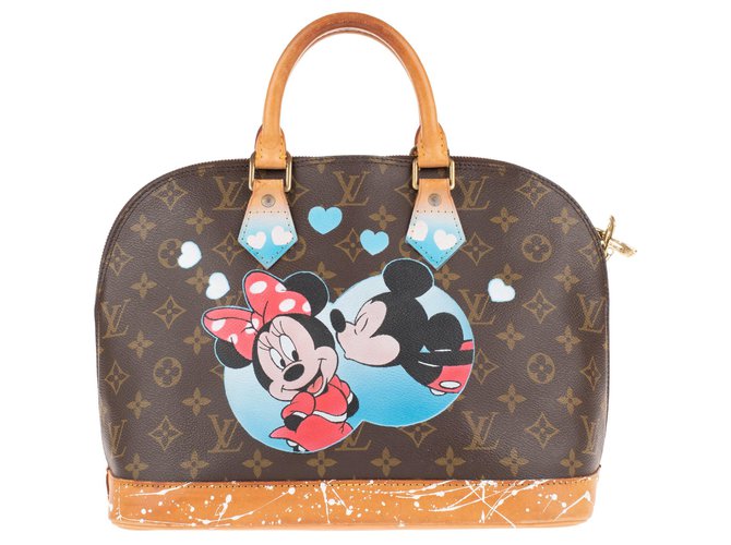 Louis Vuitton Alma "Minnie&Mickey" customisé par l'artiste PAtBo ! Cuir Toile Marron  ref.149791