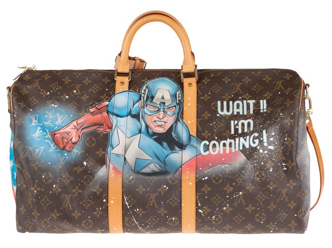Louis Vuitton Keepall bag 55 customizable "Captain America" shoulder strap by artist PatBo! Brown Leather Cloth  ref.149797