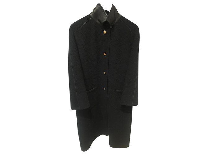 Hermès Manteaux, Vêtements d'extérieur Cuir Laine Noir  ref.149800