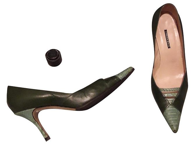 Autre Marque Stefan Back Green Leather and Python Pumps