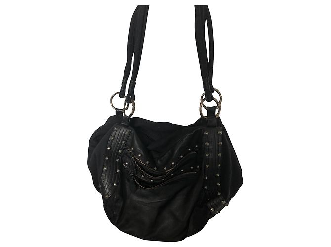 Autre Marque Borsa a mano in pelle e tessuto nero