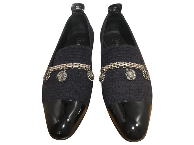Chanel Flats Black Navy blue Patent leather Tweed  ref.150005