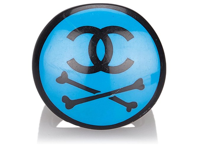 Chanel Blue CC Ring Schwarz Blau Kunststoff  ref.150126