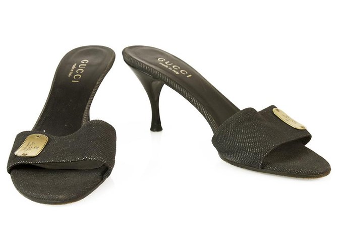Gucci Talons En Bois Tissus Denim Gris Foncé Mules Sandales Chaussures sz 38.5 Toile Gris anthracite  ref.150191