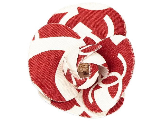 Chanel White Printed Cotton Camellia Brooch Red Cloth  ref.150287