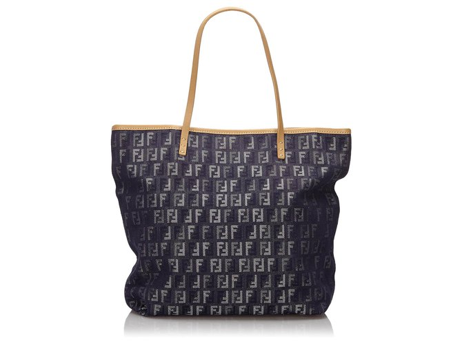 Fendi Blue Zucchino Denim Tote Bag Navy blue Light blue Leather