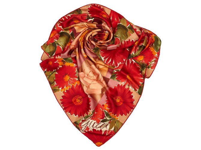 Gucci Red Floral Silk Scarf Multiple colors Cloth  ref.150327