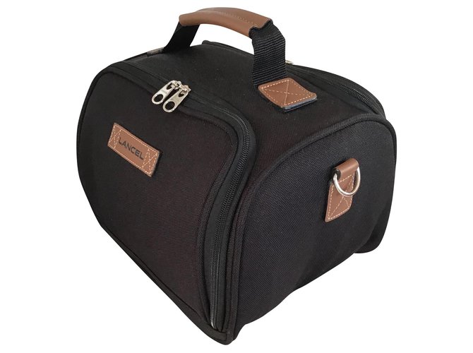 Lancel Travel bag Brown Black Leather Cloth  ref.150450