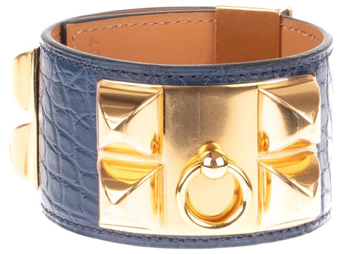 Hermès Preciosa pulsera Hermes Blue Mississippi Alligator Dog Collar, hardware chapado en oro, ¡Nueva condición! Azul Cueros exoticos  ref.150470