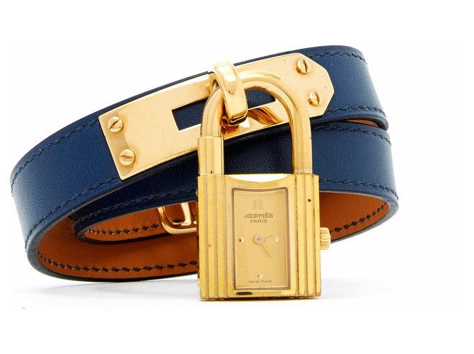 Hermès KELLY DOUBLE TOUR BLUE GOLD Cuir Plaqué or Bleu Doré  ref.150624