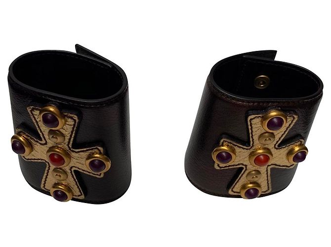 Yves Saint Laurent Pulseras de Cuero Marrón Oscuro