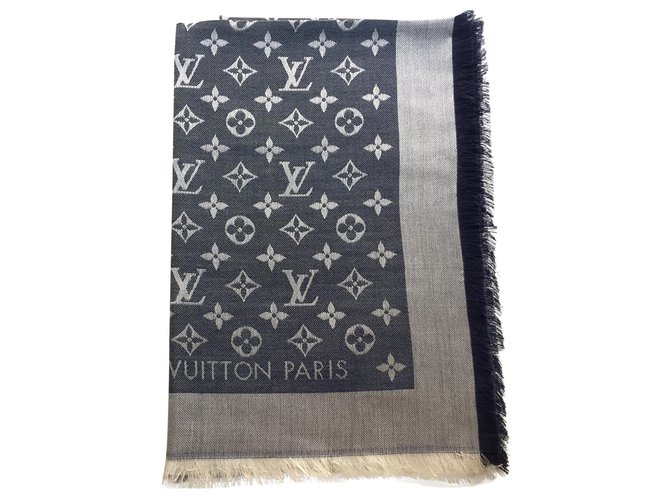 Louis Vuitton Monogram Scarf Blue Silk Wool  ref.150720