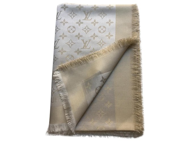 Louis Vuitton Monogram Scarf White Golden Silk Wool  ref.150721