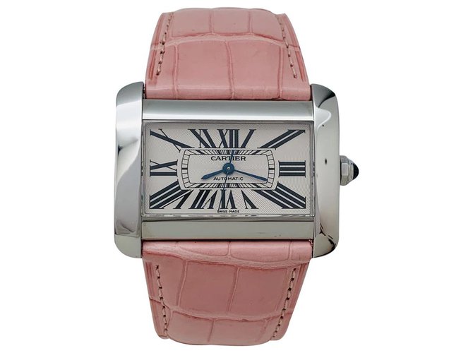 Relógio Cartier "Divan" em aço sobre couro.  ref.150937