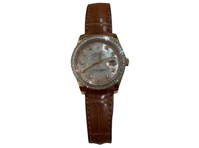 Reloj Rolex Oro Rosa Bisel de Diamantes Baguette Esfera de Madreperla 36mm Castaño