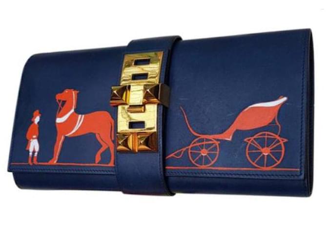 Hermès EMBREAGEM MEDOR 29 Azul Couro  ref.151145