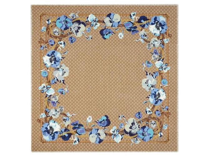 gucci blue beige scarf new floral Laine Bleu  ref.151515