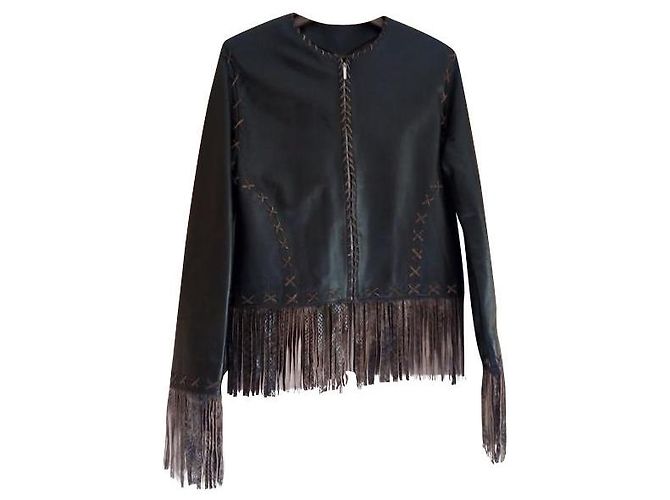 Autre Marque FOX LEATHER BRAND Spencer Jacke mit Fransen braunes Lammfell