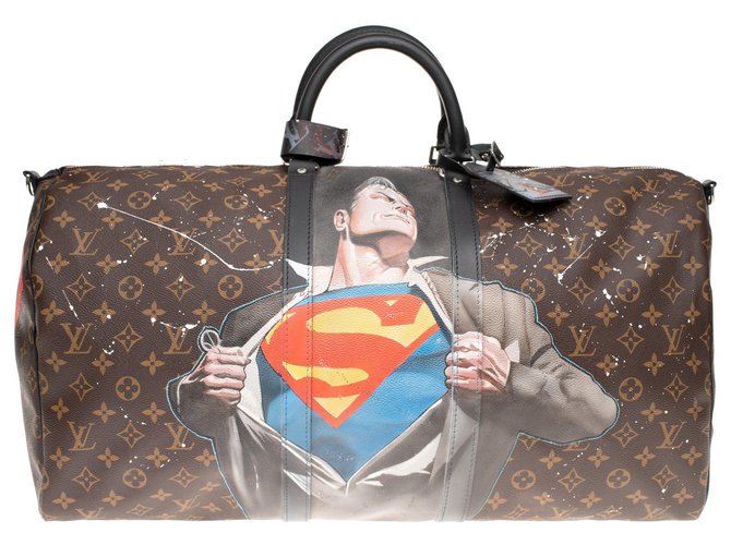 SuperBag "Superman I sur "Louis Vuitton 55 Macassar bandoulière customisé par PatBo ! Cuir Toile Marron Noir  ref.151635