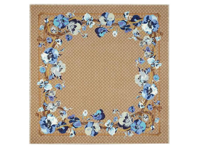 FLORAL GUCCI SCARF BEIGE & BLUE Silk Wool  ref.151834