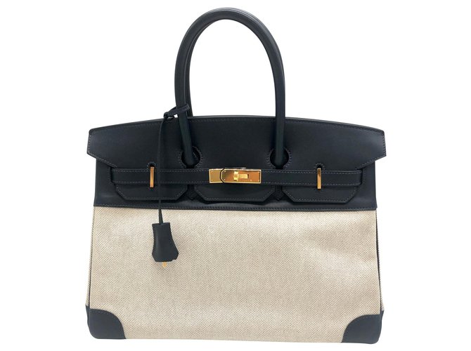 Hermès brand Birkin handbags 35 cm H beige canvas and blue swift leather.  ref.151995