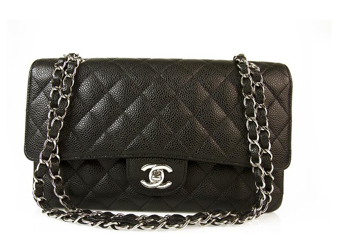 Timeless Couro de caviar preto CHANEL 255 Classic Double Flap Médio Saco Silvertone hrdwr  ref.152193