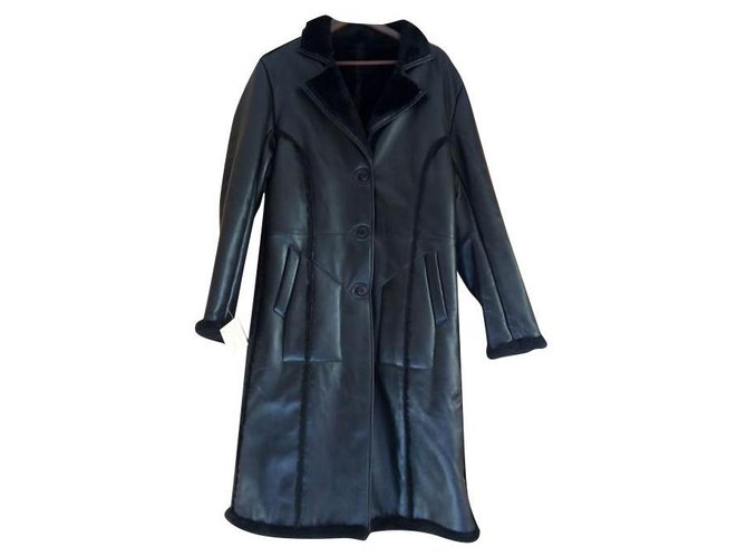 Autre Marque Black women's coat in leather and synthetic fur Lambskin  ref.152215