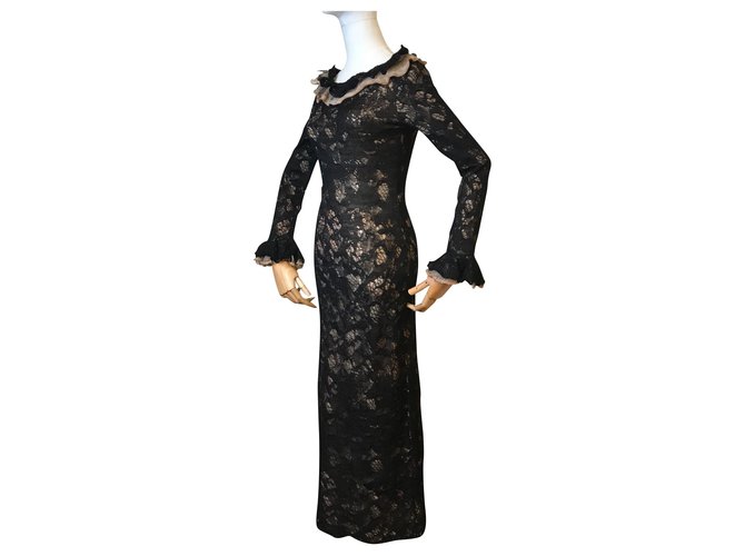 Chanel Vestido largo de encaje de alpaca Negro Mohair  ref.152246
