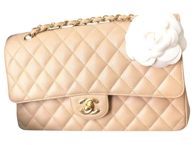 Chanel classic lined flap medium lambskin gold hardware timeless beige  vintage Leather ref.730833 - Joli Closet