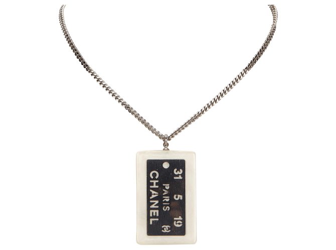 Chanel White Metal Dog Tag Necklace Silvery Plastic  ref.152554