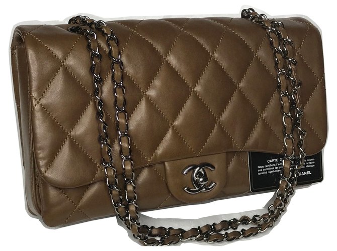 Timeless Chanel Large Flap Bag 3 departamentos c / cartão, caixa etc Marrom Castanho claro Castanho escuro Couro  ref.152771