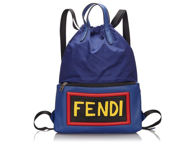Fendi Blue Monster Vocabulary Backpack Blau Leder Nylon Tuch  ref.152783