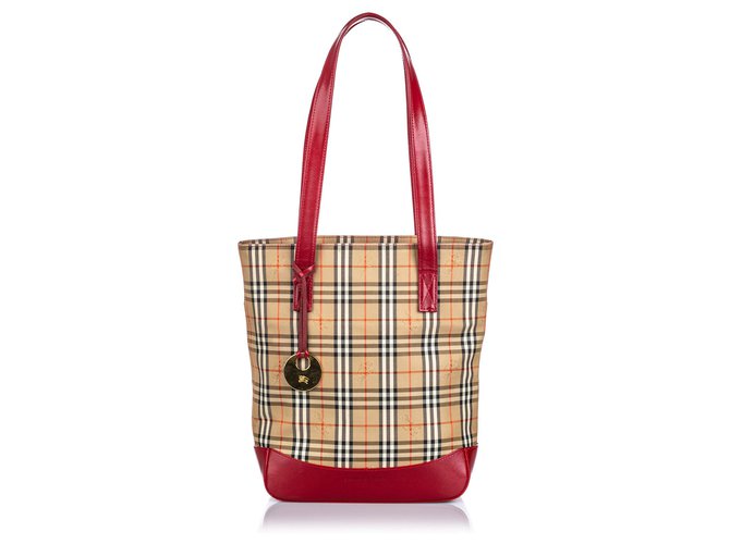 Borsa a mano in tela con motivo Burberry Brown Haymarket Marrone Multicolore Beige Pelle Panno  ref.152798