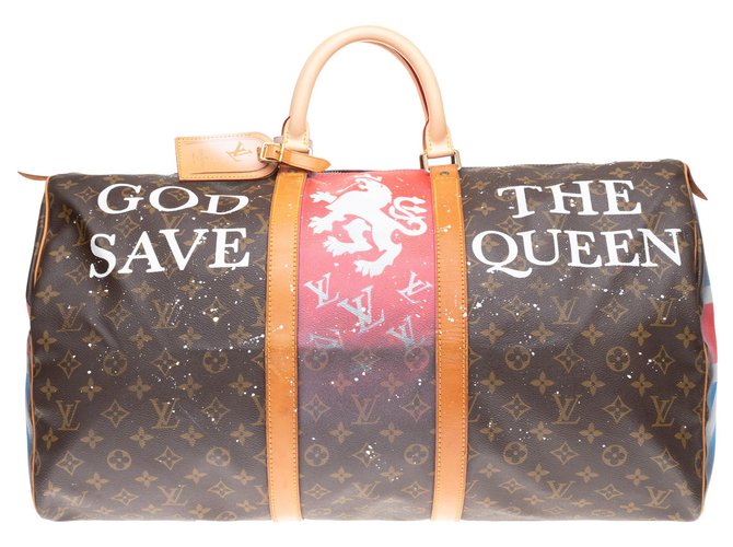Louis Vuitton Keepall 55 Monogram "God save the Queen" customized by PatBo! Brown Cloth  ref.152981