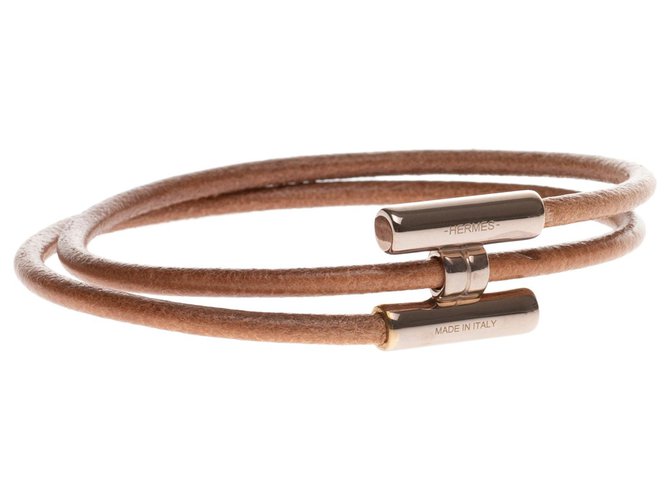 Hermès braceletTurned in natural leather and silver palladium steel jewelery Brown Silvery Metal  ref.153238