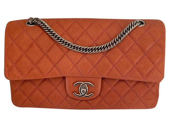 Timeless Chanel clássico Rosa Laranja Coral Couro  ref.153272
