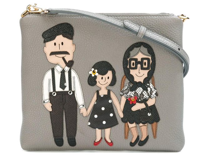 NEW DOLCE & GABBANA PATCH FAMILY CROSSBODY LEATHER BAG, Grey Multiple colors  ref.153296