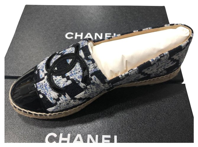 Espadrillas Chanel Bianco Blu chiaro Blu scuro Tweed  ref.153598