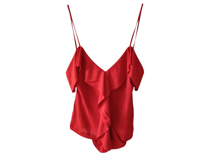 YVES SAINT LAURENT MESH TANK TOP WITH VOLANT Red Silk Viscose  ref.153685