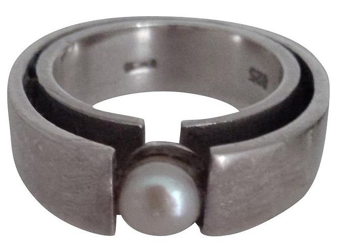 Autre Marque Modernistischer Silberring mit Perle Größe 55
