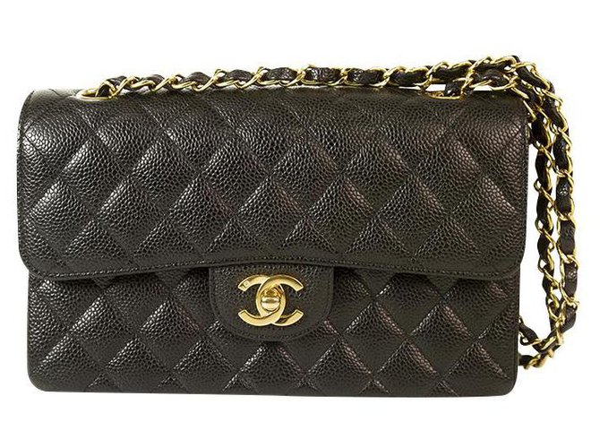 Cuir Caviar Noir CHANEL 255 Petit sac à rabat doublé classique argenté argenté  ref.153894