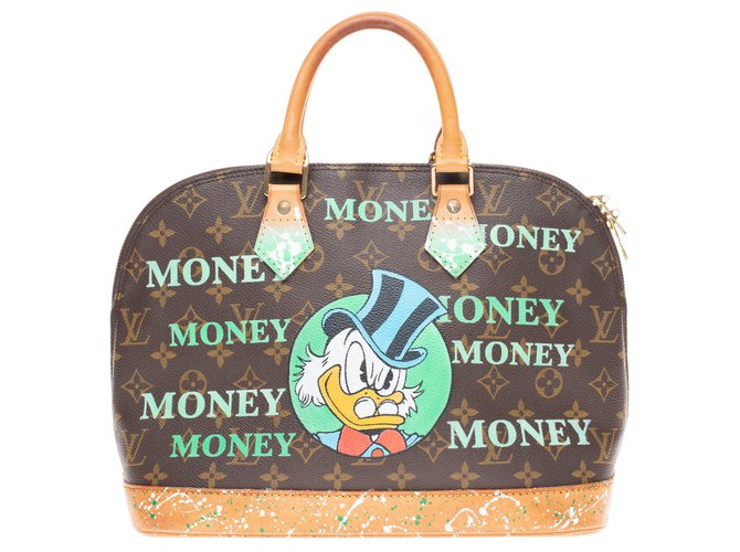 Customized Louis Vuitton Alma Monogram Bag "Picsou loves Money" by PatBo! Brown Green Leather Cloth  ref.154296