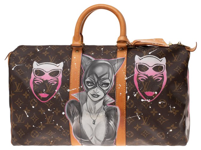 Louis Vuitton Keepall bag 45 Customized Monogram canvas "Girl Power" by PatBo! Brown Leather Cloth  ref.154300