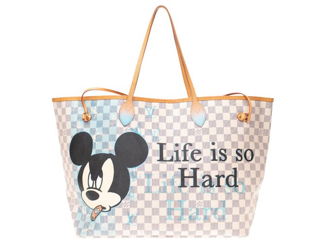Louis Vuitton Neverfull GM checkered tote Bag blue personalized "Life is beautiful but sometimes hard" by PatBo! White Beige Leather Cloth  ref.154302