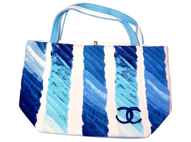 Nova sacola Chanel Branco Azul Turquesa Couro Algodão  ref.154320